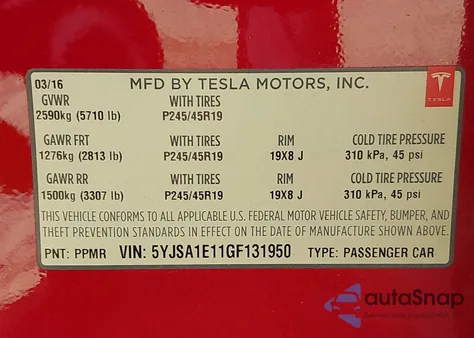 2016 Tesla Model S 60/70/75/85 from USA, damaged, VIN 5YJSA1E11GF131950